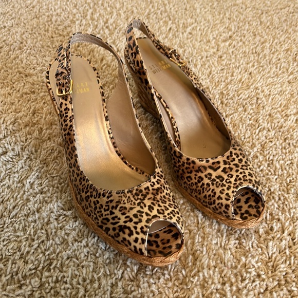 Stuart Weitzman leopard print espadrille peep toe wedges EUC Sz 9.5 - Picture 6 of 6